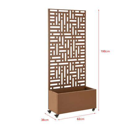 Ruimteverdeler – Scheidingswand – Kamerscherm – Plantenbak – Room Divider – Met Bloemenbak – Rollend Met Wielen – Weerbestendig Staal 190x82x38 cm – Bruin