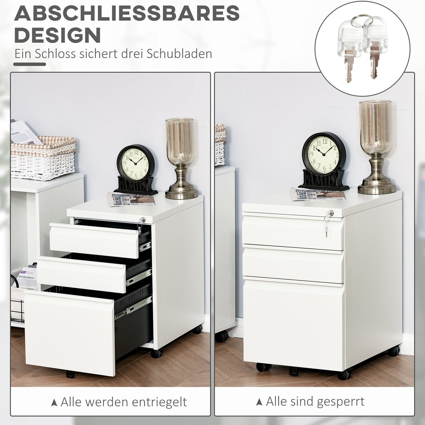 Mobiele Ladekast – Ladekast Op Wieltjes – Kantoorwagen – Office Organizer – Mobiele Kast Wit – 3 Ruime Laden – Veilig Met Sleutelslot – Compact 39x48x60 cm
