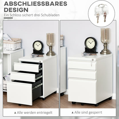 Mobiele Ladekast – Ladekast Op Wieltjes – Kantoorwagen – Office Organizer – Mobiele Kast Wit – 3 Ruime Laden – Veilig Met Sleutelslot – Compact 39x48x60 cm
