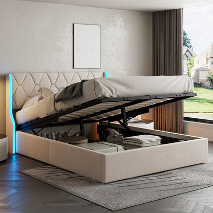 Gestoffeerd Tweepersoonsbed – Bedframe – Slaapbed – Opbergbed – Veloursbed – 160x200 cm – Met LED-Verlichting – Met Dubbele Opbergruimte