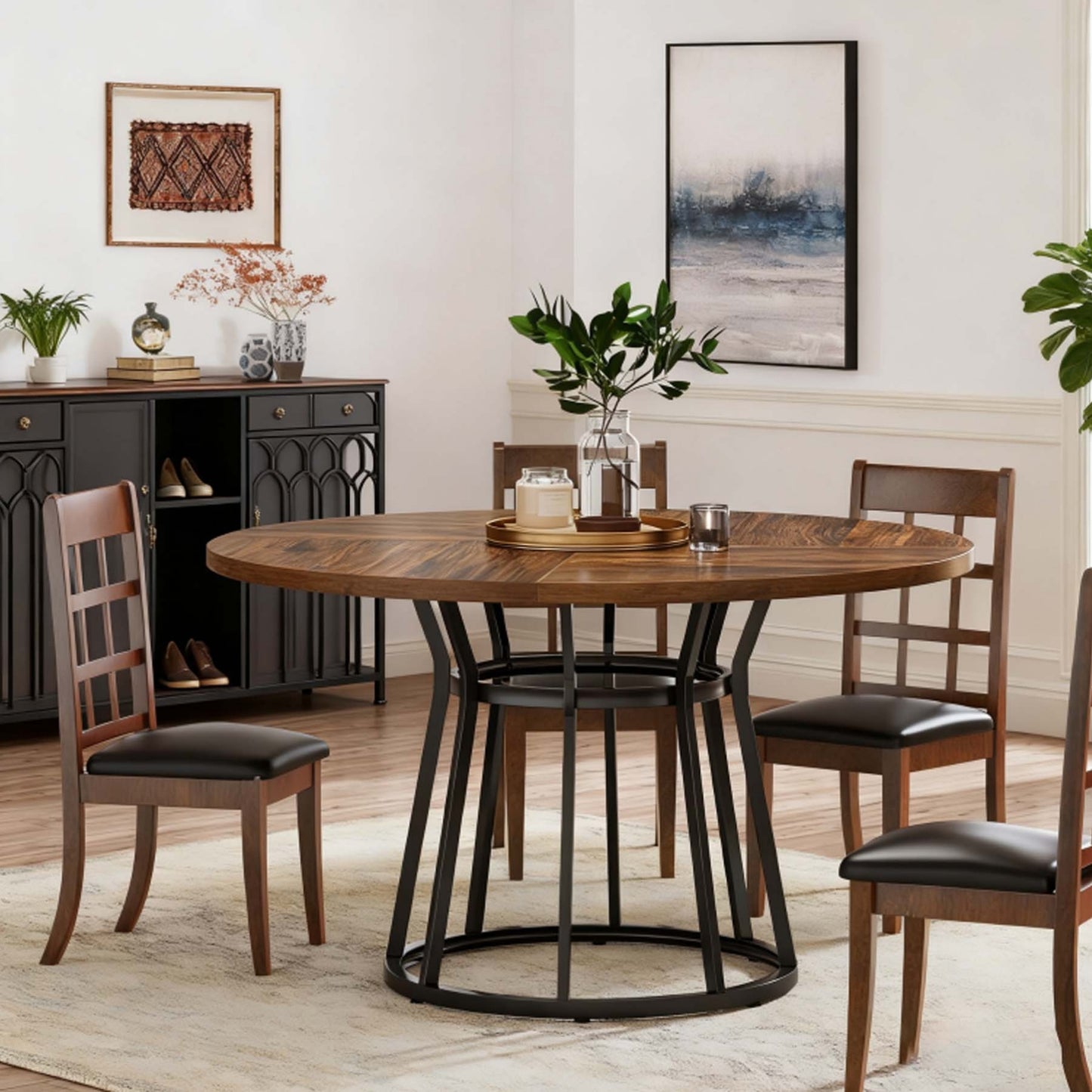 Ronde Eettafel – Ronde Tafel – Eetkamertafel – Keukentafel – Tafel Voor 4 Personen – 119,89 cm Diameter – Bruin Onderstel Metaal