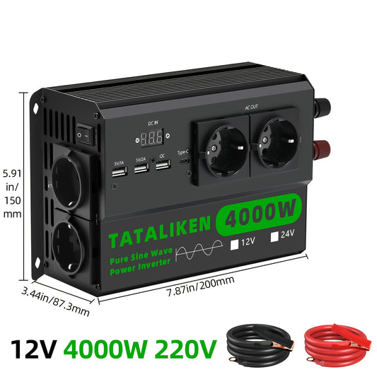 Spanningsomvormer – Omvormer – Inverter – Stroomomzetter – Converter – 4000W Zuivere Sinusgolf – Aluminium Behuizing – Draagbaar Met USB Type-C & Auto-oplader