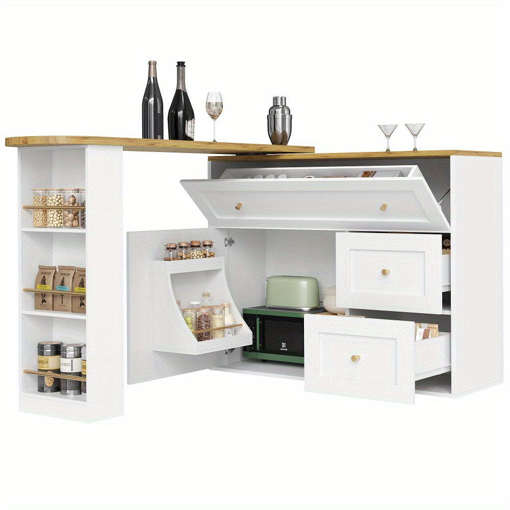 Uitklapbare Bartafel – Bar Tafel – Statafel – Keukeneiland – Bistrotafel – Wit Met Metaal – Uitschuifbaar 138-204 cm – Met Opbergruimte En Snackrek