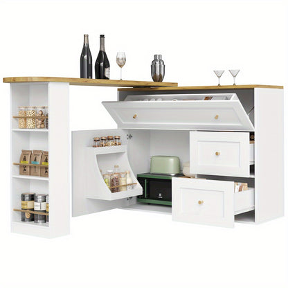 Uitklapbare Bartafel – Bar Tafel – Statafel – Keukeneiland – Bistrotafel – Wit Met Metaal – Uitschuifbaar 138-204 cm – Met Opbergruimte En Snackrek