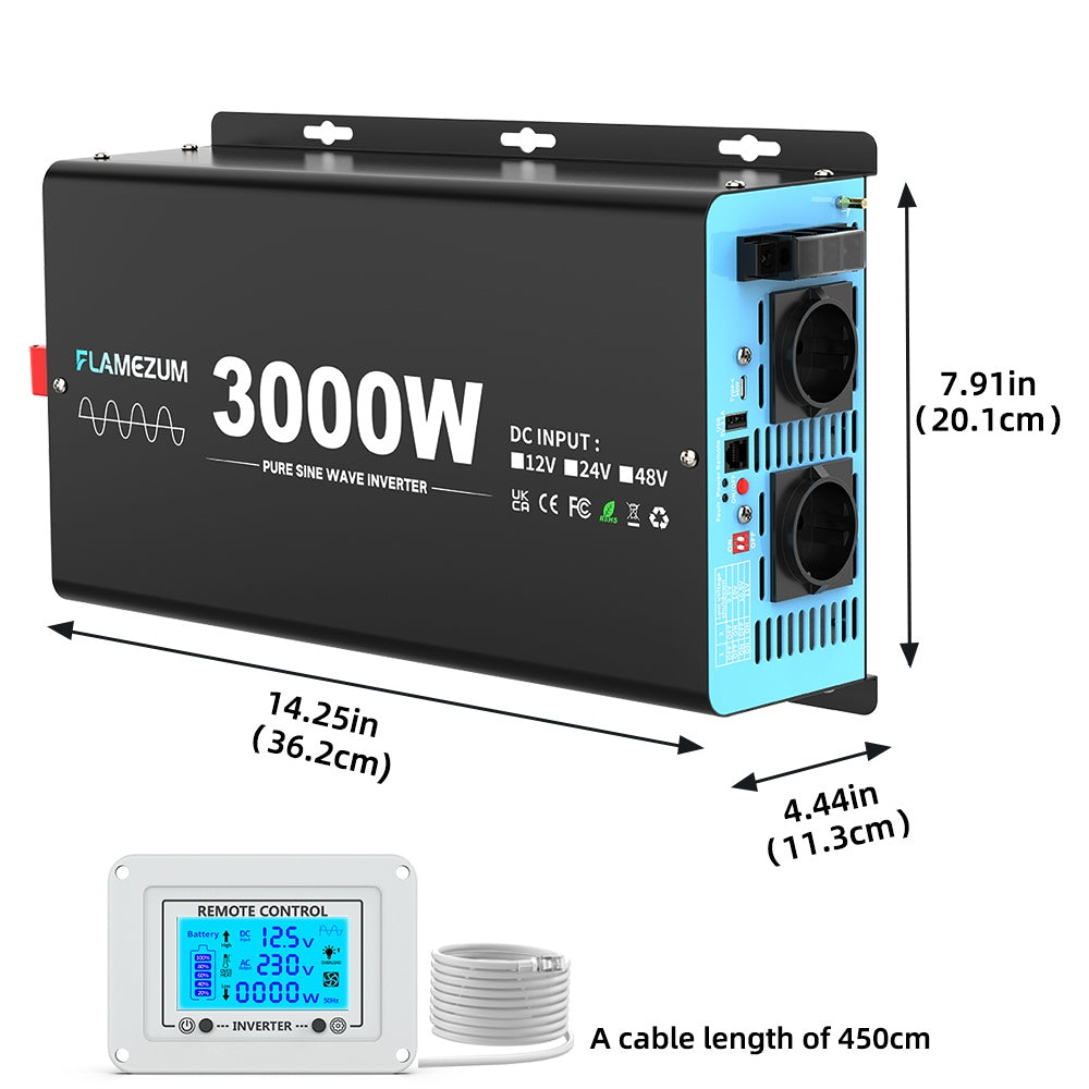 3000W Omvormer – Spanningsomzetter – Stroomconverter – Inverter – DC Naar AC – 12V Naar 230V – Pure Sinus – 2 AC Stopcontacten Met Afstandsbediening
