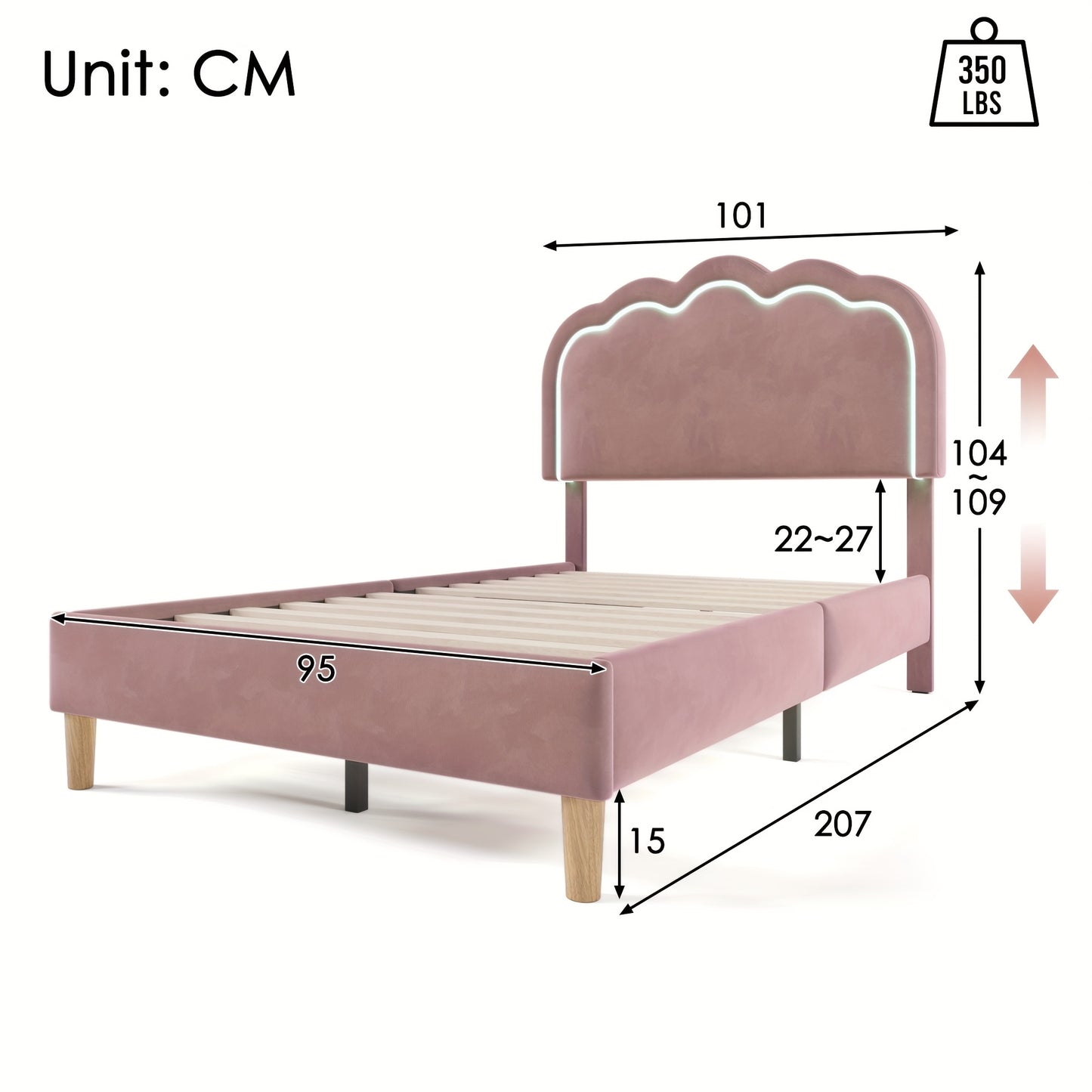 Eenpersoonsbed – Single Bed – Bedframe – Slaapbed – Gestoffeerd Bed – Verstelbare Hoofdsteun – Hoogwaardig Massief Houten Frame – Roze Velvet Bekleding – 90 x 200 cm – Plat Lattenbodem