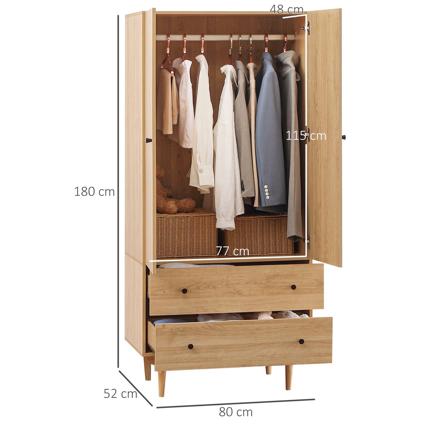 Houten Kledingkast – Garderobekast – Kledingkast Met Lade – Opbergkast – Slaapkamerkast – 80x52x180 cm – Met Kledingroede en 2 Laden