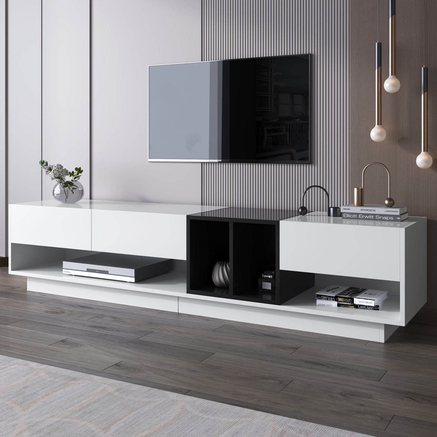 TV Meubel – TV Kast – TV Dressoir – RTV Kast – Mediameubel – Strak Design – Hoogglans Zwart Wit – 190x40x34 cm – Laag Profiel Met Veel Opbergruimte