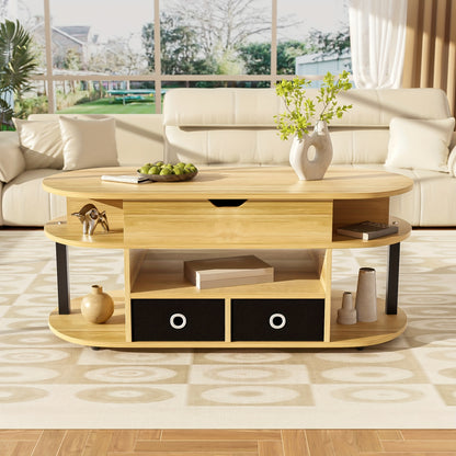 Salontafel – Koffietafel – Bijzettafel – Woonkamer Tafel – Compacte Tafel – Verstelbare Hoogte – Houtnerf Met Zwarte Stoffen Laden