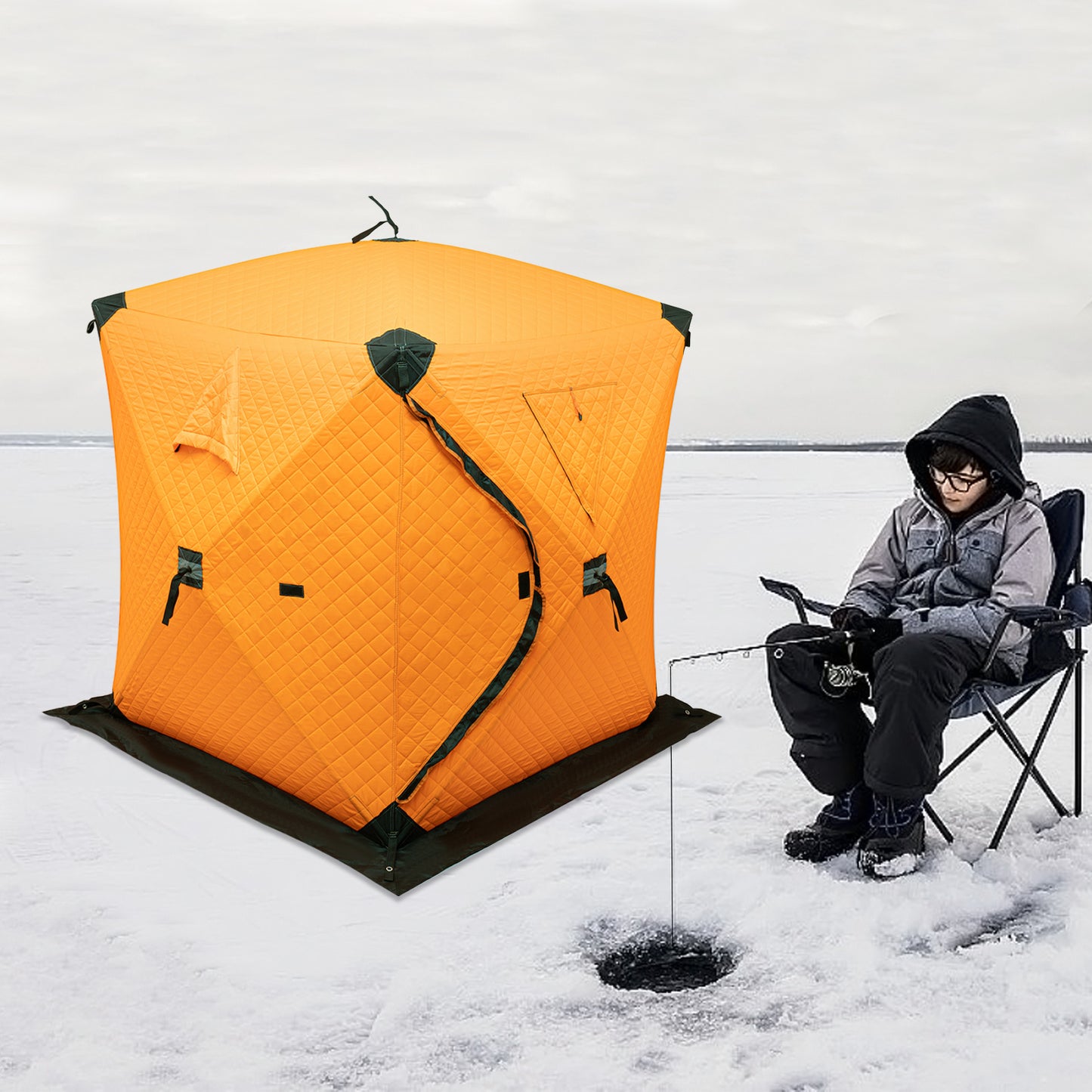 IJsvistent – Vis Shelter – Pop-up Tent – Wintertent – Kampeertent – 1-2 Personen – Geïsoleerd Met Dikker Katoen – Wind- en Sneeuwbestendig – Oranje