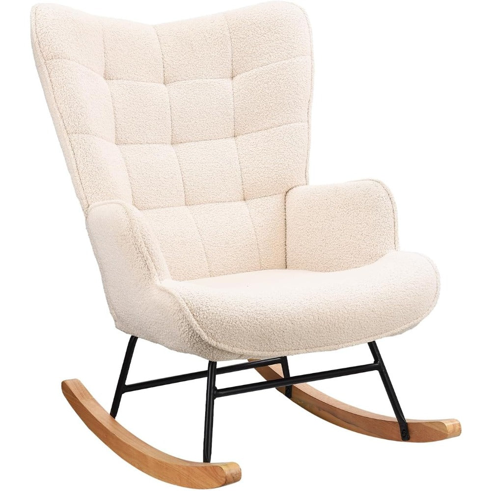 Schommelstoel – Schommelstoel Met Bekleding – Relaxstoel – Lounge Stoel – Woonkamerstoel – Beige – Memory Foam Zitting – Duurzaam Metalen Frame