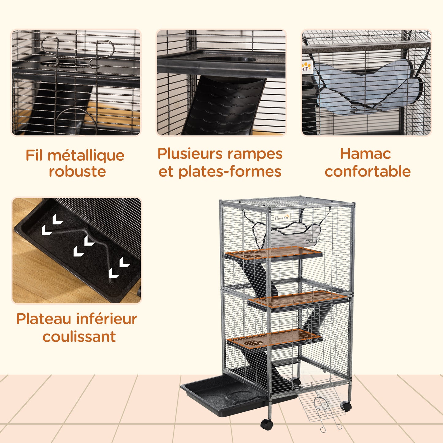 Dierenkooi Klein – Knaagdierkooi – Konijnenkooi – Hamsterkooi – Mobiel Dierenverblijf – Met 2 Deuren – Met Hangmat – 52 x 52 x 113,5 cm – Metaal Grijs