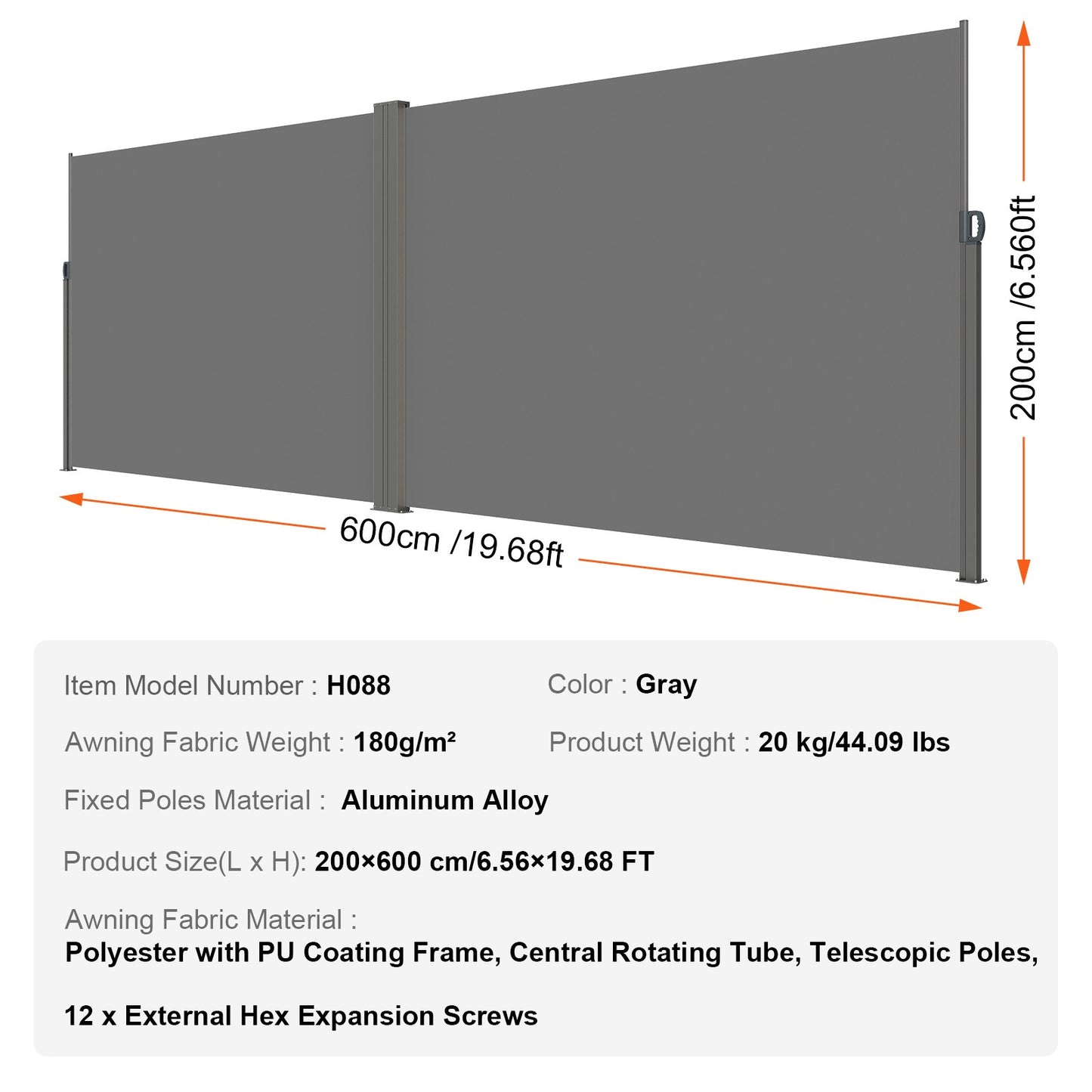 Uitschuifbaar Zijscherm – Windscherm – Privacyscherm – Terrasscherm – Balkonafscherming – 200x600 cm – Hoogwaardig Polyester met PU-coating