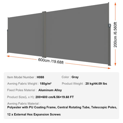 Uitschuifbaar Zijscherm – Windscherm – Privacyscherm – Terrasscherm – Balkonafscherming – 200x600 cm – Hoogwaardig Polyester met PU-coating