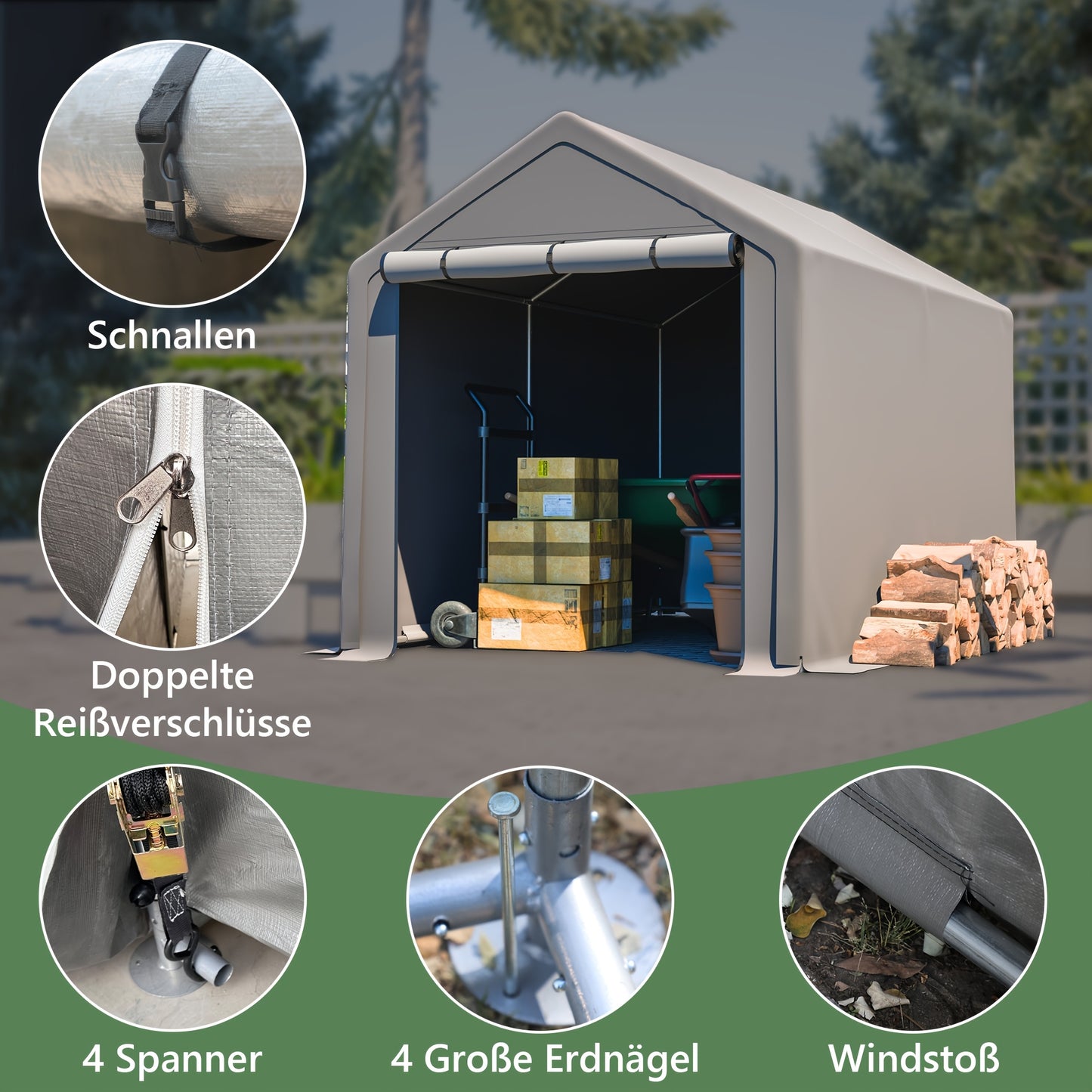 Garage Tent – Fietsenstalling – Opslagtent – Gereedschapsschuur – Tuinberging – 296x190x200 cm – Gegalvaniseerd Stalen Frame – Dubbele Ritssluiting