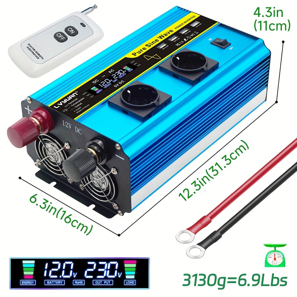 Power Inverter – Omvormer – Spanningsomvormer – DC naar AC Converter – Zuivere Sinusgolf – 2000W Nominaal – 4000W Piekvermogen – LCD Display & Draadloze Afstandsbediening