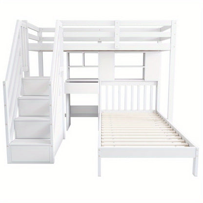 Stapelbed – Multifunctioneel Bed – Hoogslaper – Kinderbed – Tienerbed – Wit – Inclusief Bureau en Opbergruimte – 90x200 cm – Stevig Frame met Lattenbodem – Ruimtebesparend Design