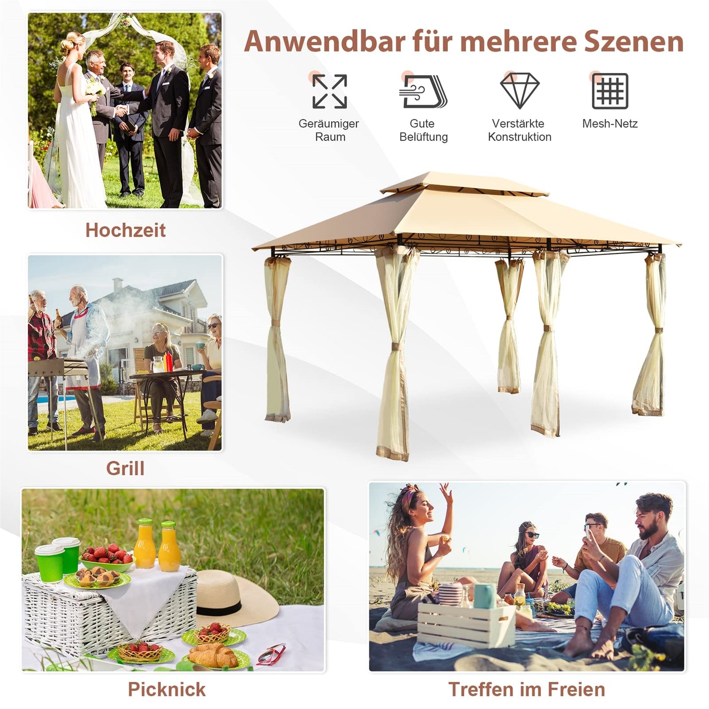 Metalen Tuinpaviljoen – Partytent – Prieel – Paviljoen – Tenten – Verwijderbare Zijwanden – Stevig Stalen Frame – 3 x 4 m Bruin