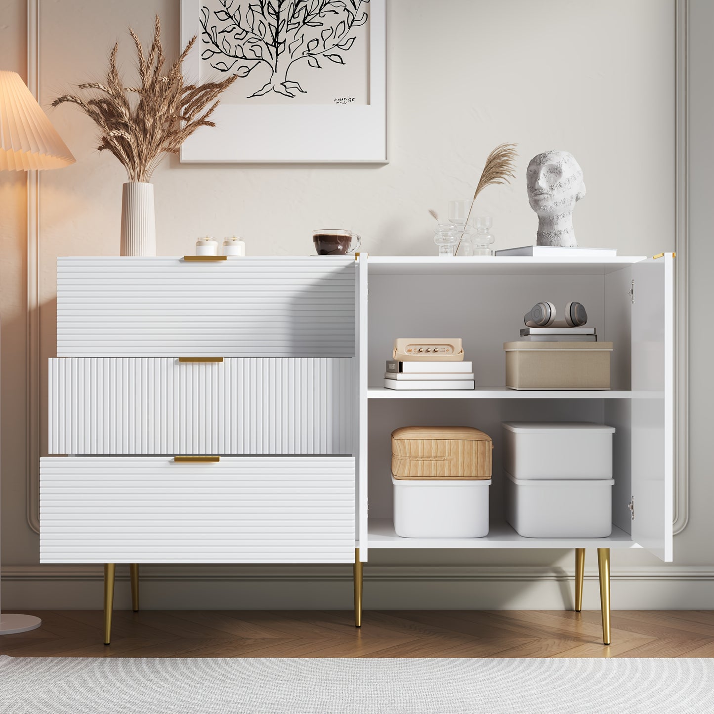 Dressoir – Buffetkast – Opbergkast – Ladekast – Woonkamerkast – Wit Met Gouden Accenten – Massief Hout – Met Deuren En Laden