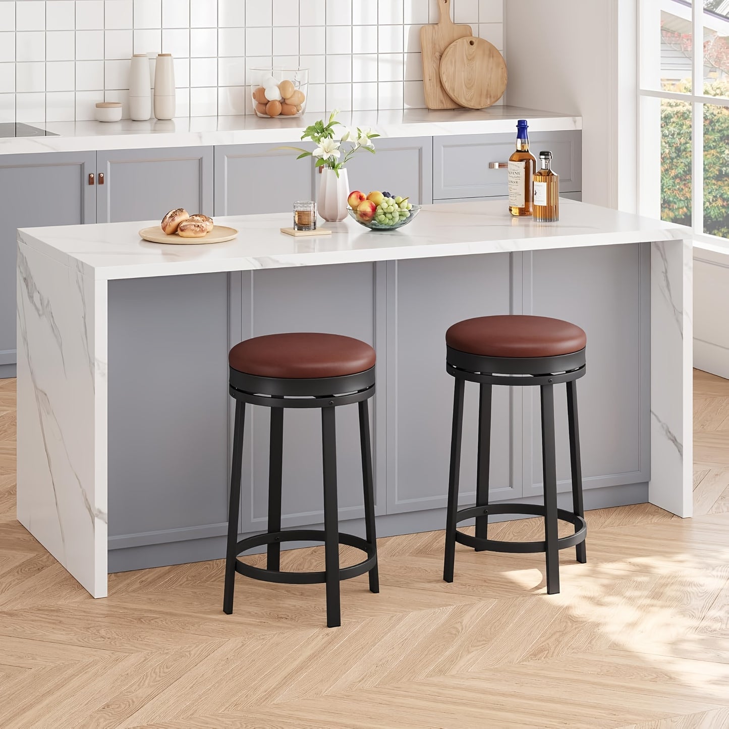 Barkrukken – Barstoelen – Keukenstoelen – Eetkamerstoelen – Industrieel – Draaibare Zitting 360° – Metalen Frame – 60,96 cm Hoogte – Kunstleer – Set Van 4 – Voetsteun – Ruimtebesparend – Comfortabel