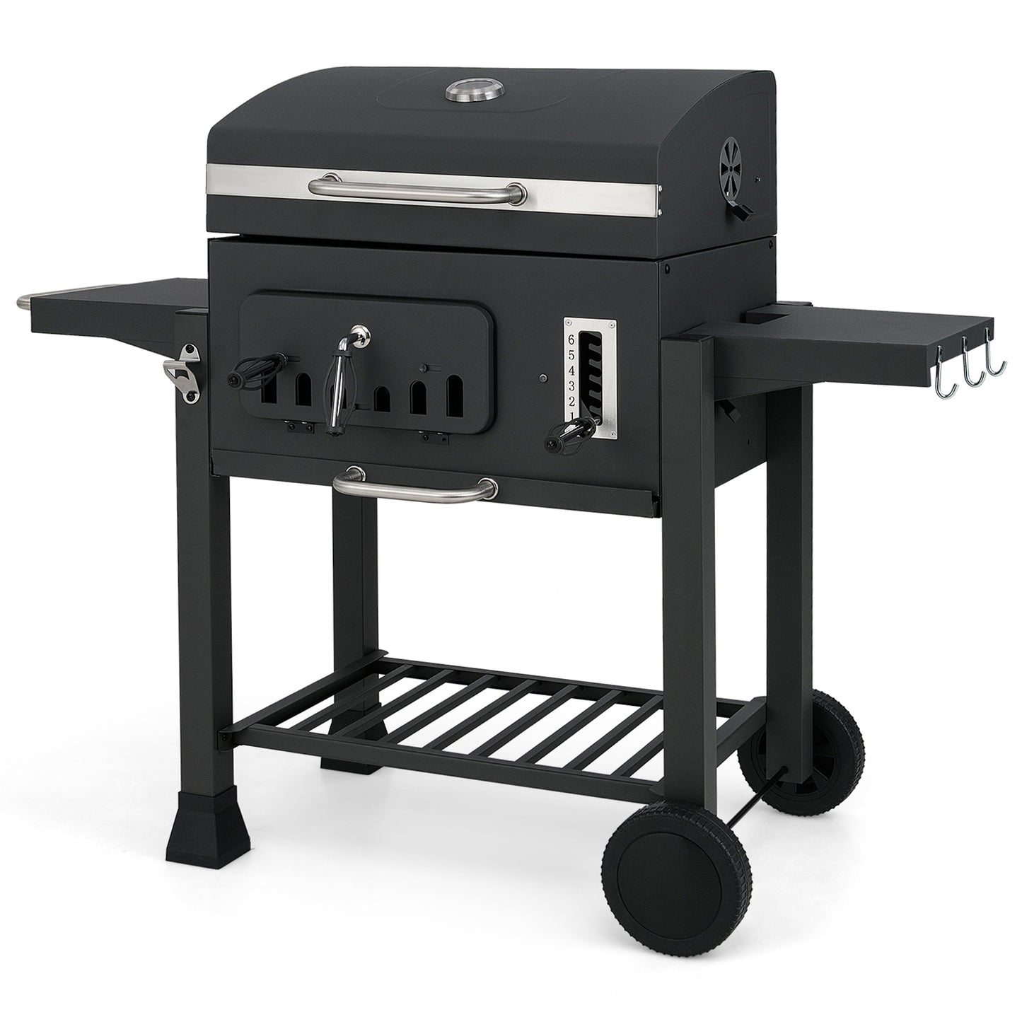 Houtskoolbarbecue – Barbecue Grill – Buitenkeuken – Buitenbarbecue – Kolengril – 24 Inch Grilloppervlak – 6-Stand Instelbare Kolentrog – Met Opvouwbare Zijtafels en Wielen