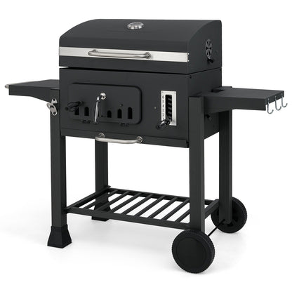 Houtskoolbarbecue – Barbecue Grill – Buitenkeuken – Buitenbarbecue – Kolengril – 24 Inch Grilloppervlak – 6-Stand Instelbare Kolentrog – Met Opvouwbare Zijtafels en Wielen