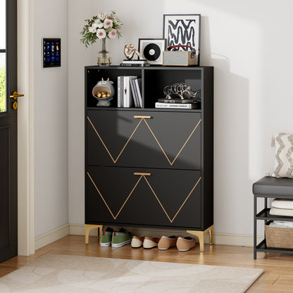 Schoenenkast – Schoenenrek – Schoenenopberger – Halmeubel – Schoenenbankje – Ruimtebesparend – 2 Klapdeuren met 4 Vakken – Duurzaam Niet-Houten Materiaal – Modern Zwart-Wit – 80x25x117 cm