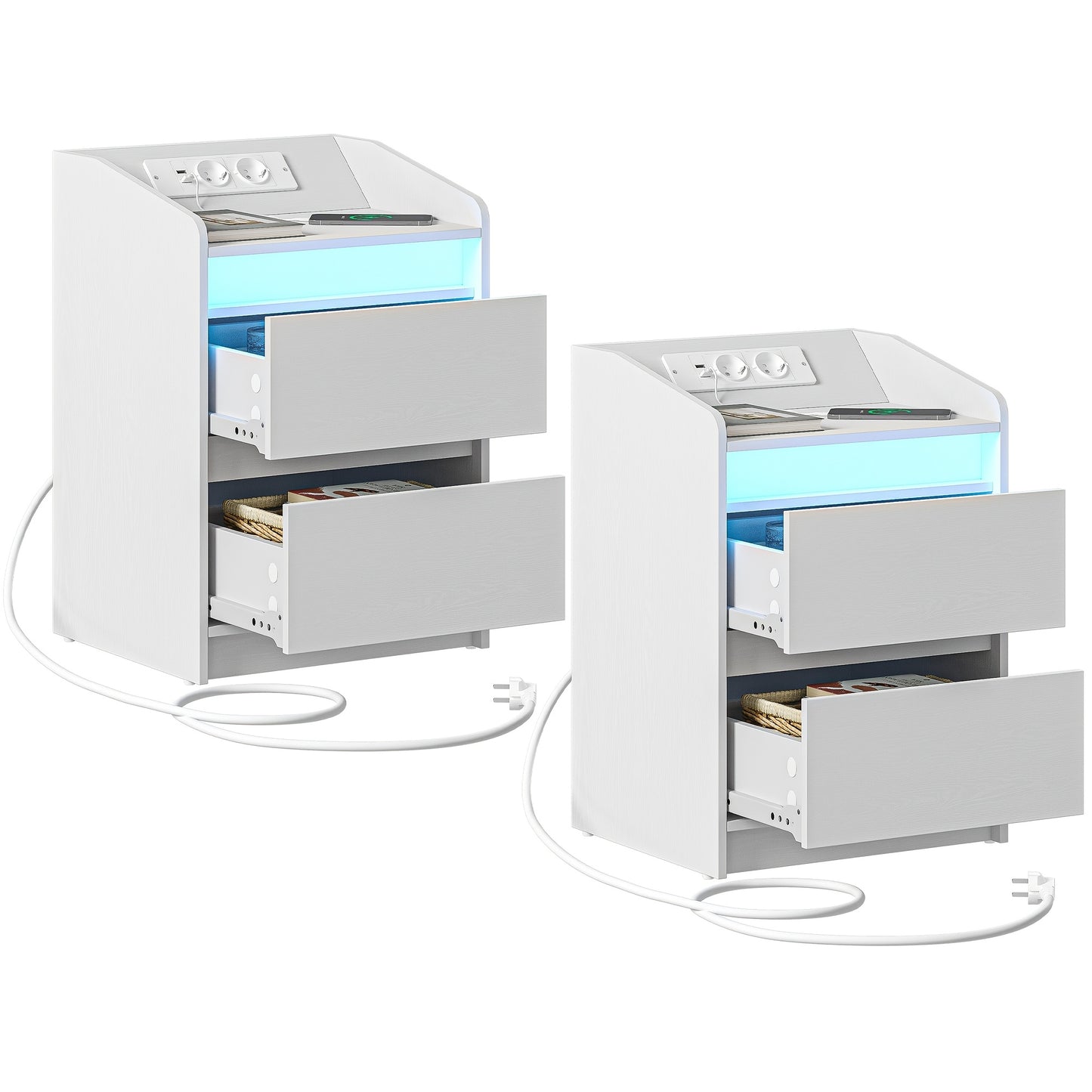 Nachtkastjes – Bedside Table – Bijzettafel – Opbergkastje – Nachtkastje Set – Wit – 2 Laden – Stopcontact en USB Poorten – Compact Design – Multifunctioneel