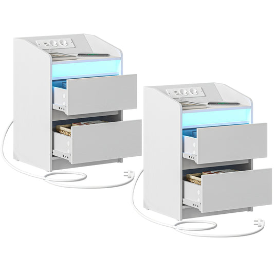 Nachtkastjes – Bedside Table – Bijzettafel – Opbergkastje – Nachtkastje Set – Wit – 2 Laden – Stopcontact en USB Poorten – Compact Design – Multifunctioneel