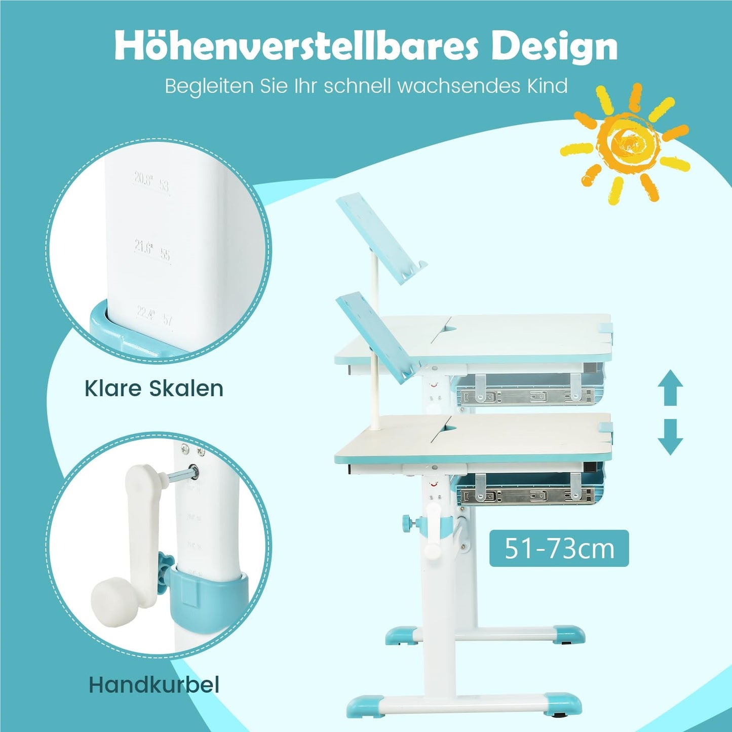 Kinderbureau – Kindertafel – Jeugdbureau – Tekentafel – Schoolbureau – Verstelbaar in Hoogte 51-73 cm – Kantelbaar Werkblad 0-60° – Opberglade Met Boekenplank – Blauw