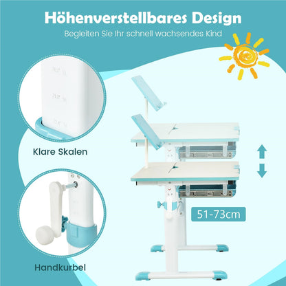 Kinderbureau – Kindertafel – Jeugdbureau – Tekentafel – Schoolbureau – Verstelbaar in Hoogte 51-73 cm – Kantelbaar Werkblad 0-60° – Opberglade Met Boekenplank – Blauw