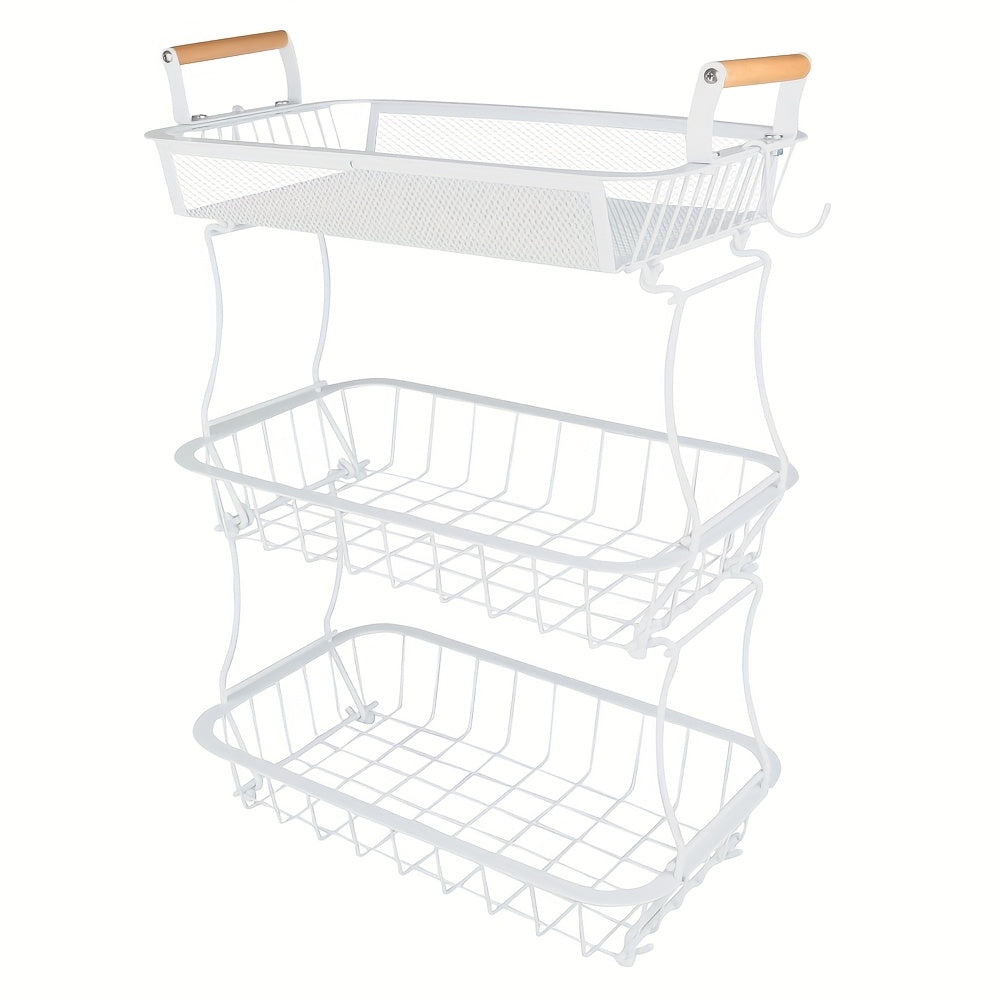 3-Tier White Carbon Steel Storage Basket With Wooden Handles - Multi-Purpose Organizer For Kitchen, Bathroom, Living Room & Under Sink | Durable, Space-Saving Design (37x22x55cm), Shelf Baskets