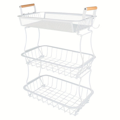 Opbergmand – Opbergbox – Kastmand – Organizer – Opbergbak – 3-laags – Wit Carbonstaal – Met Houten Handvatten – Duurzaam & Ruimtebesparend – 37x22x55 cm