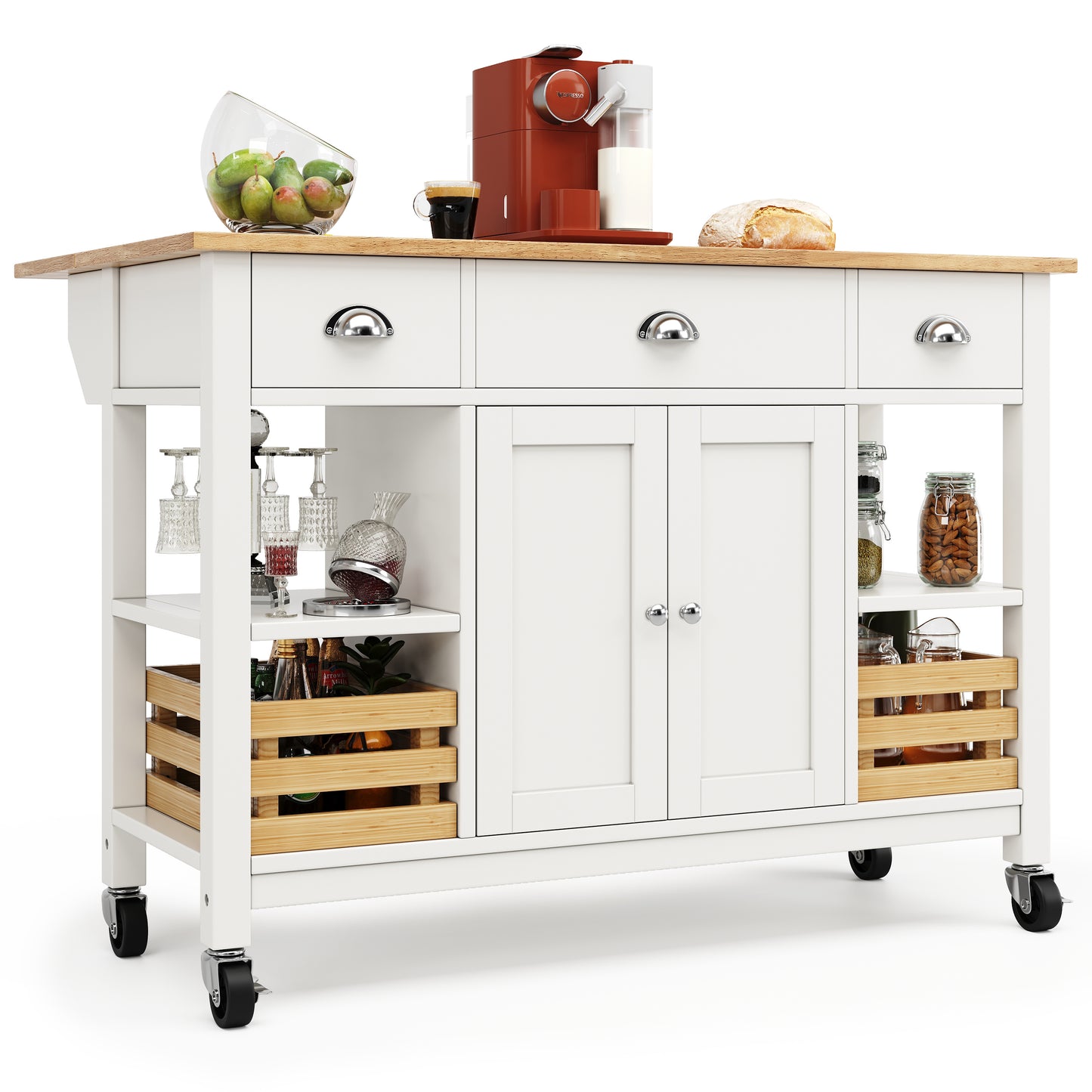 Keukeneiland – Keukenkast – Buffetkast – Serveerwagen – Kookeiland – Uitklapbaar Werkblad – MDF Met Dennenhouten Mand – 120x45x90 cm – Wit