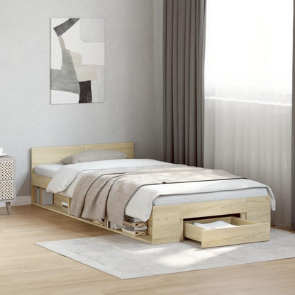 Bed – Bedframe – Platformbed – Eenpersoonsbed – Opbergbed – Ingebouwde Opberglades – Ruimtebesparend Design – Sonoma Eiken Afwerking – Geschikt Voor Matras 90x190 cm