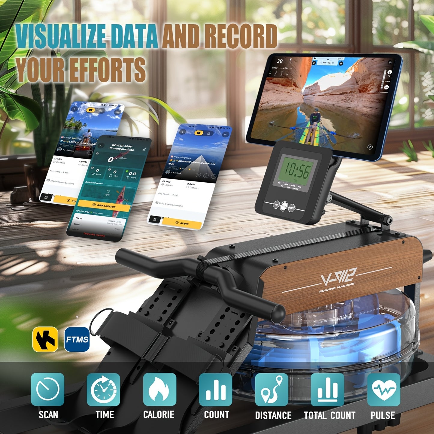 VOWVIT Rowing Machine for Home Gym Foldable Rower Oak Wood Construction, Wireless Water Rowing Machine, 1.2 m to 2 m User Height, 175 kg Load, Without Battery
