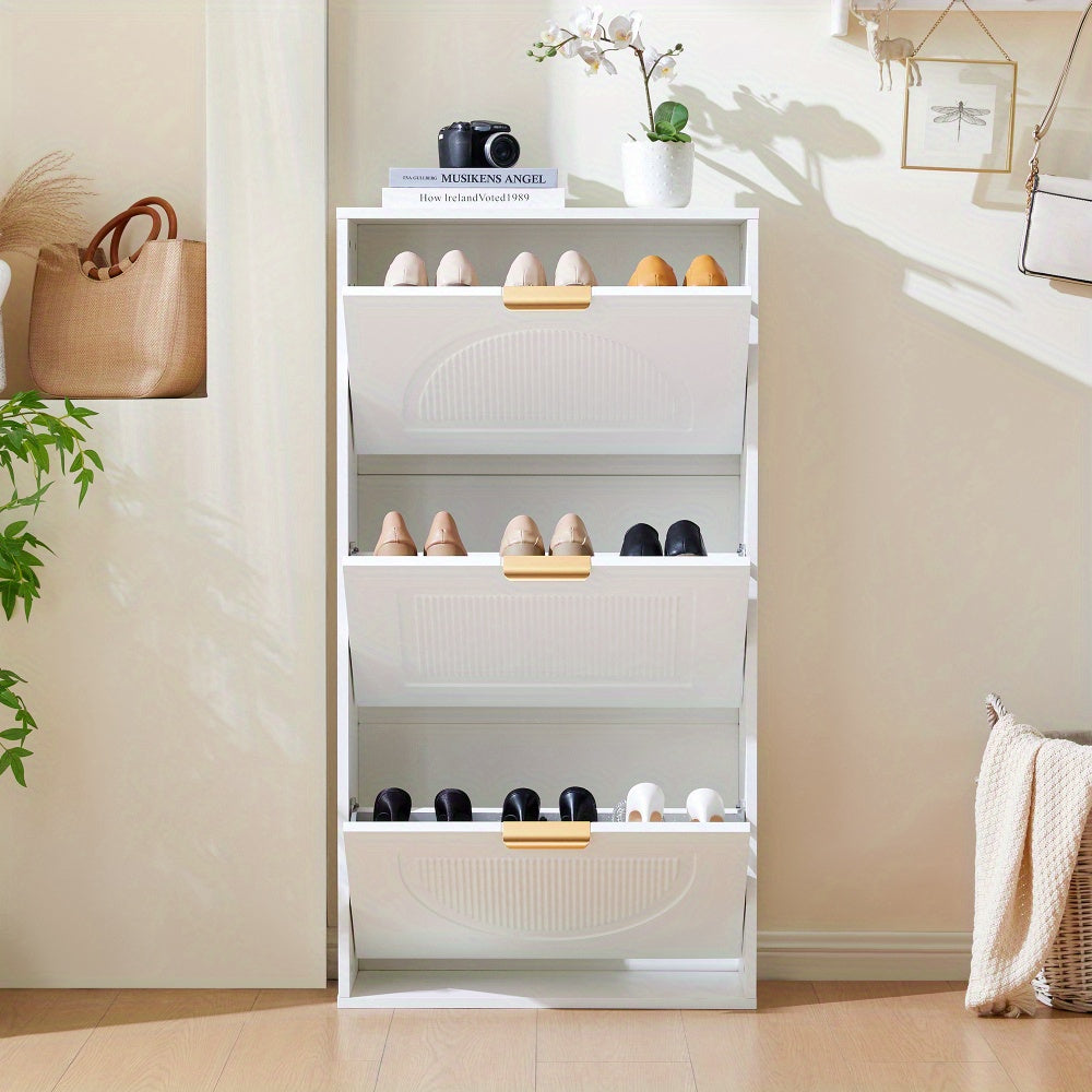 Modern White Narrow Shoe Cabinet with 3-Tier Shelves & Baffles - Space-Saving Vertical -Standing MDF Shoe Storage Unit, Golden-Like Label-Compatible for Hallway, Living Room, Entryway - Compact Shoe Rack (60x24x114cm), Shoe S