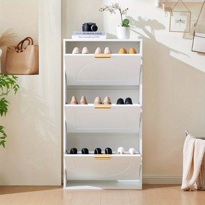 Modern White Narrow Shoe Cabinet with 3-Tier Shelves & Baffles - Space-Saving Vertical -Standing MDF Shoe Storage Unit, Golden-Like Label-Compatible for Hallway, Living Room, Entryway - Compact Shoe Rack (60x24x114cm), Shoe S
