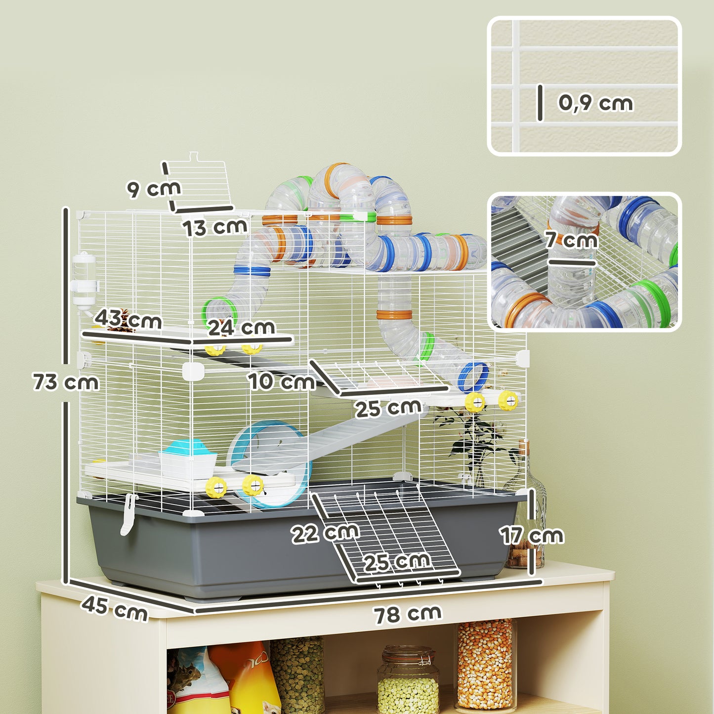 Dwerg Hamsterkooi – Hamsterkooi – Hamsterverblijf – Kleine Dierenkooi – Mini Dierenverblijf – 4 Verdiepingen Met Tunnel Systeem – Inclusief Accessoires En Bovenklep – Grijs 78x45x73 cm
