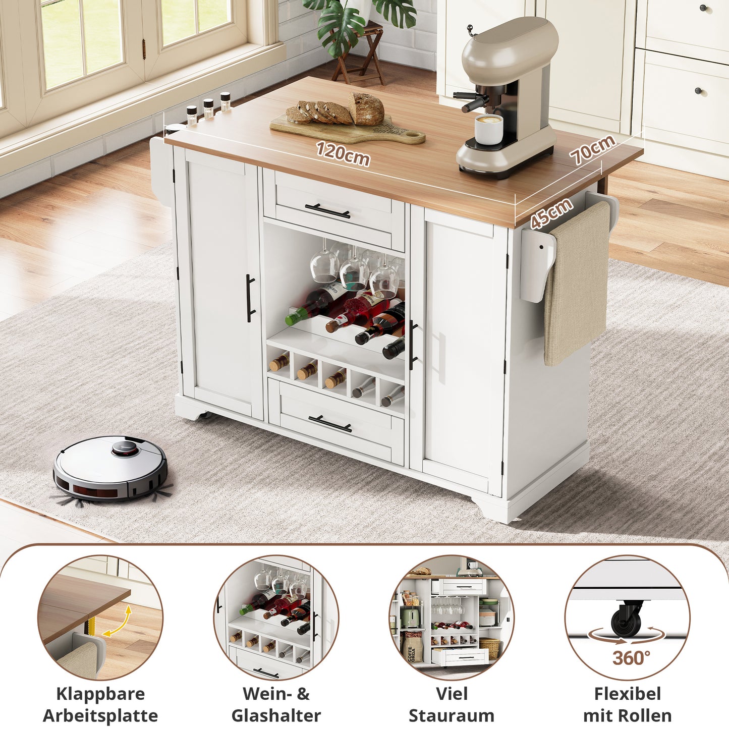 Keukentrolley – Keukenkast – Serveerwagen – Keukenwagen – Opbergtrolley – Uitklapbaar Werkblad – 138x45(70)x92 cm – Melamine Hout & Metaal