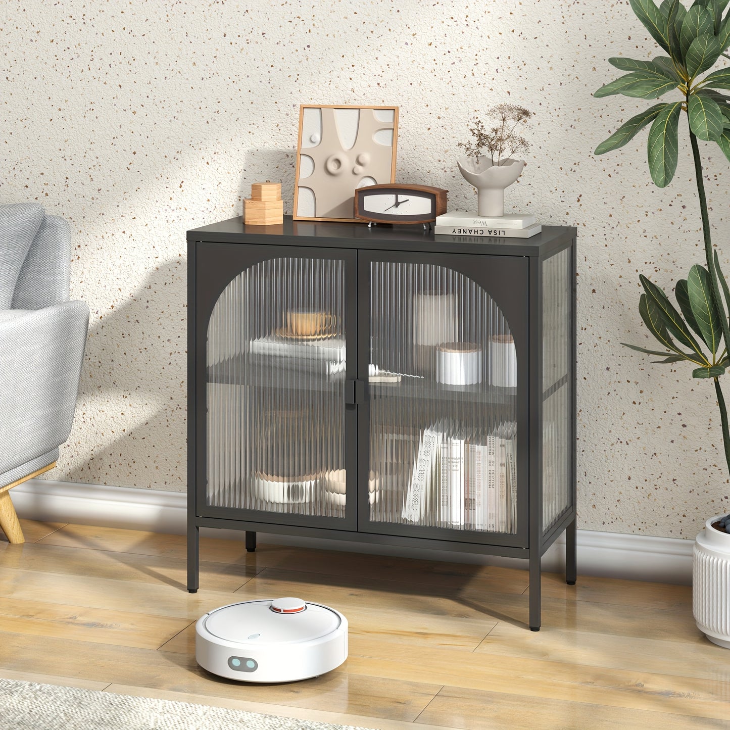 Living Room Bedroom Kitchen Metal Sideboard, Accent Storage Cabinet with 2 Glass Doors and Adjustable Shelves for Coffee Bar or Hallway Decor - H80cm×W80cm×D35cm