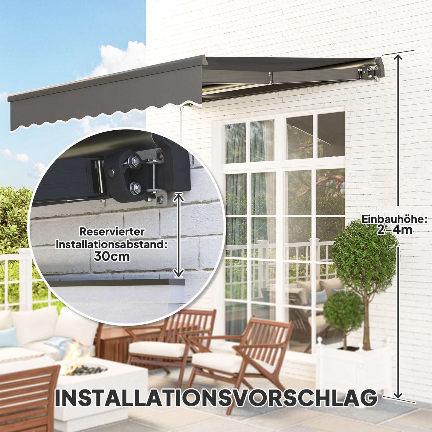 Zonnescherm – Knikarmscherm – Handbediend Zonnescherm – Uitvalscherm – Terrasscherm – Grijs – 300 cm Breed – Zonne-energie LED Verlichting
