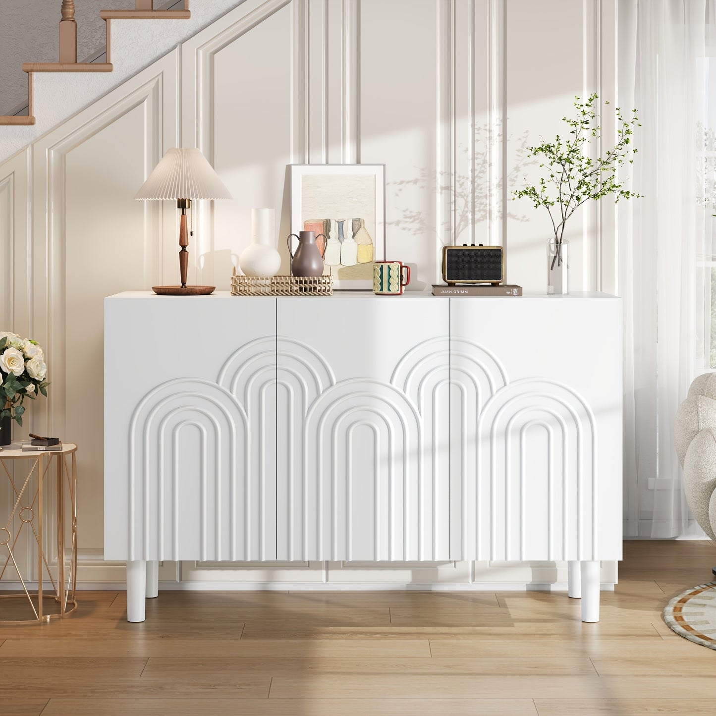 Large Capacity Modern Metal Storage Cabinet with 3 Doors & Adjustable Partitions - Heavy-Duty Contemporary Sideboard with Spacious Drawers, 120x38.5x79cm, MDF-Like for Living Room, Bedroom, Hallway - Space-Saving Furniture