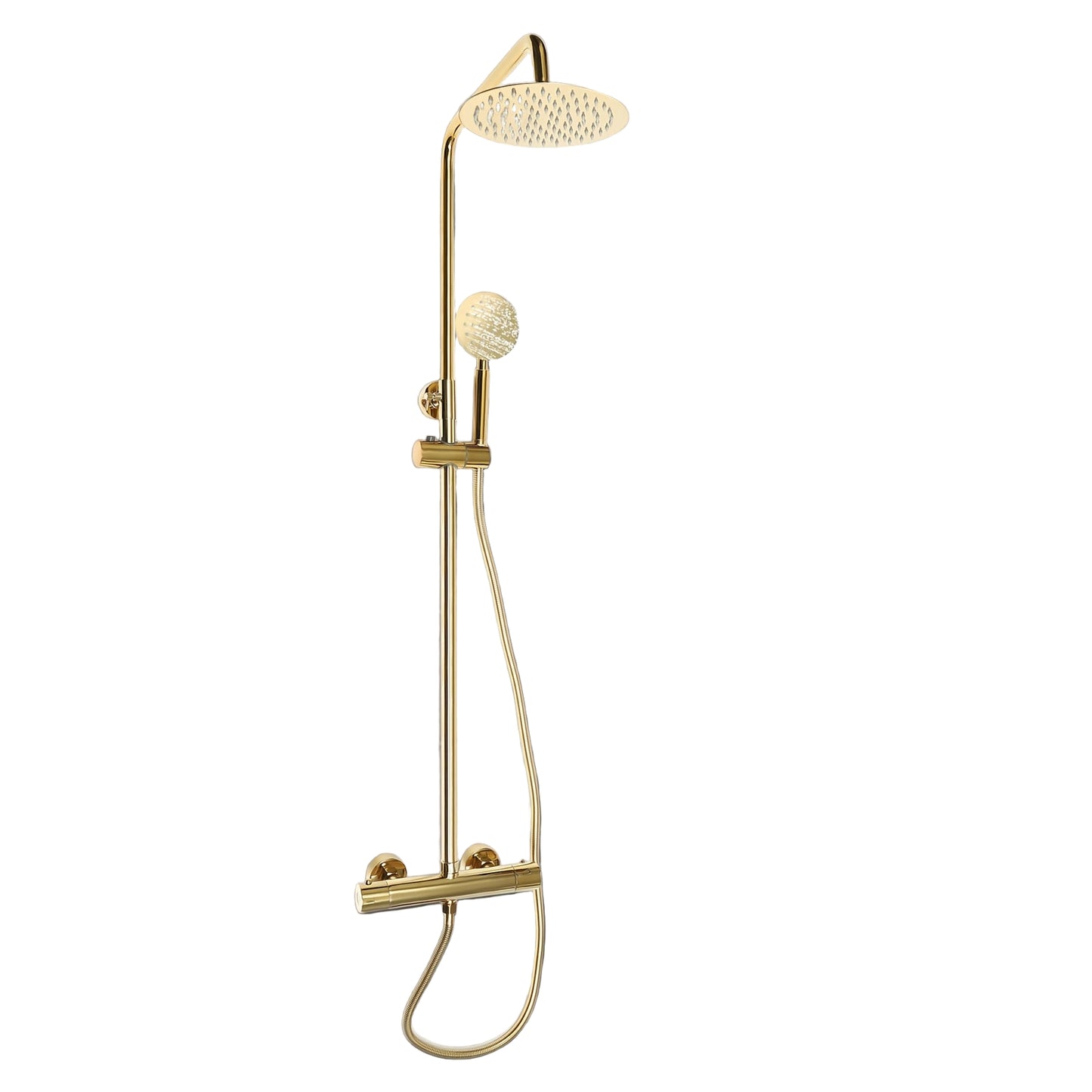 Regendouche – Douche Set – Douchepakket – Douchekolom – Douche Systeem – Thermostaat – Gouden Messing Afwerking – 20 cm Draaibare Topdouche – Instelbare Sproeistanden