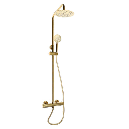 Regendouche – Douche Set – Douchepakket – Douchekolom – Douche Systeem – Thermostaat – Gouden Messing Afwerking – 20 cm Draaibare Topdouche – Instelbare Sproeistanden