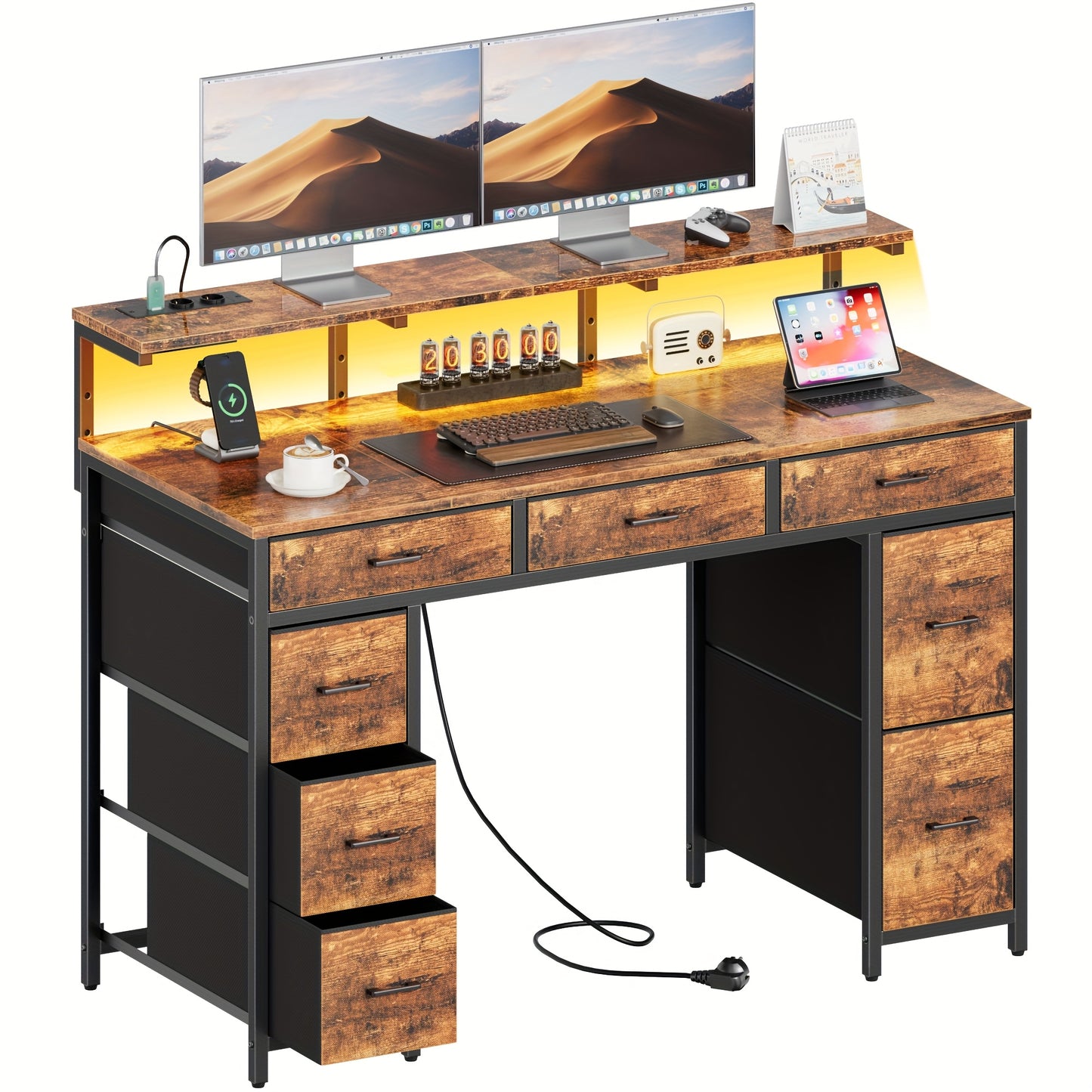 Modern Bureau – Werkplek Meubel – Computer Tafel – Gaming Desk – 8 Lades Opbergmeubel – Verstelbare Monitorstandaard – Ingebouwde EU Stroomvoorziening – Stevig MDF Werkblad 119 cm