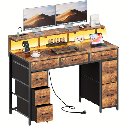 Modern Bureau – Werkplek Meubel – Computer Tafel – Gaming Desk – 8 Lades Opbergmeubel – Verstelbare Monitorstandaard – Ingebouwde EU Stroomvoorziening – Stevig MDF Werkblad 119 cm