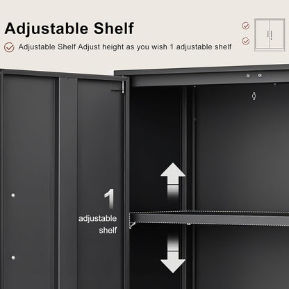 Opbergkast – Opbergmeubel – Stellingkast – Opbergrek – Bergkast – Metalen Opbergkast – 2 Verstelbare Planken – Afsluitbare Deuren – Zwart – Stevige Industriële Constructie