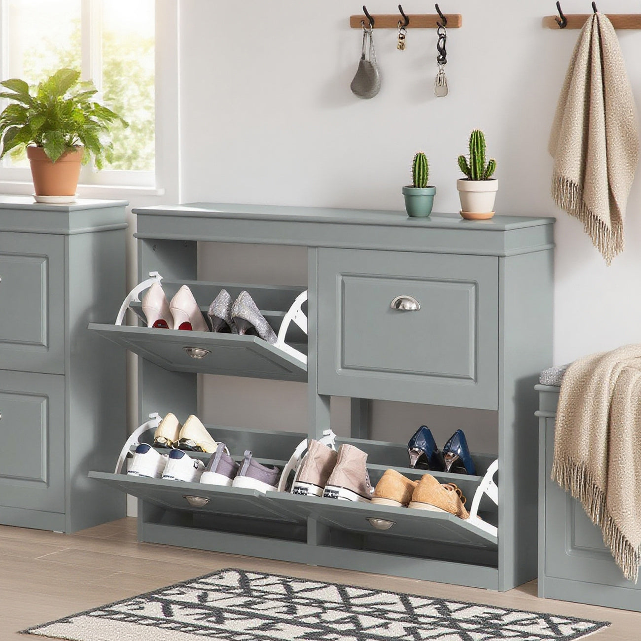 Schoenenkast – Schoenenrek – Schoenopberger – Schoenenmeubel – Schoenendoos – Compact 4-Deurs Ontwerp – MDF Grijs Metalen Handgrepen