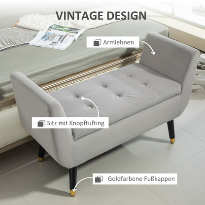 Opbergbank – Opbergbank – Zitbank – Bankje – Halbank – Fluweelachtig Polyester – Stevig Rubberwood – Lichtgrijs – 107x42x65 cm – Met Armleuningen – Met Opbergruimte
